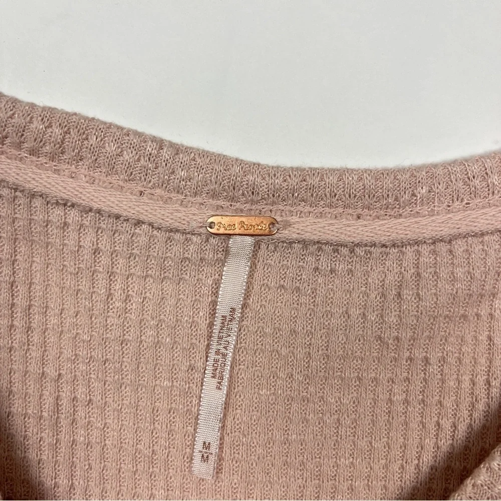 Free People Pink Waffle Knit Long Puff Sleeve Casual Clash Top